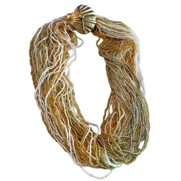 Clam Shell Vintage Multi Strand Seed Bead Necklace Gold & White - Picture 1 of 8